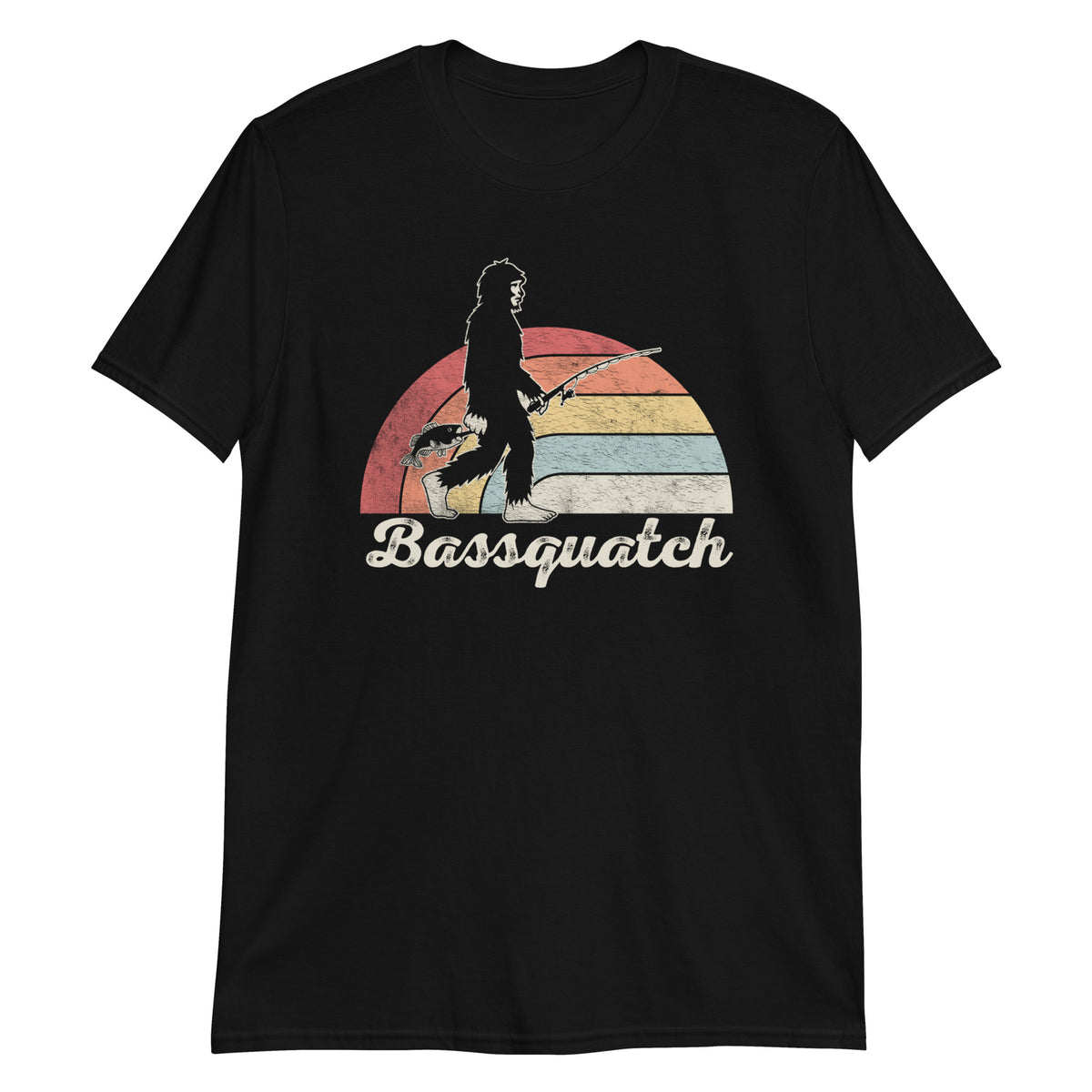 Bassquatch  Funny Bigfoot Fishing Outdoor Sunset Retro T-shirt