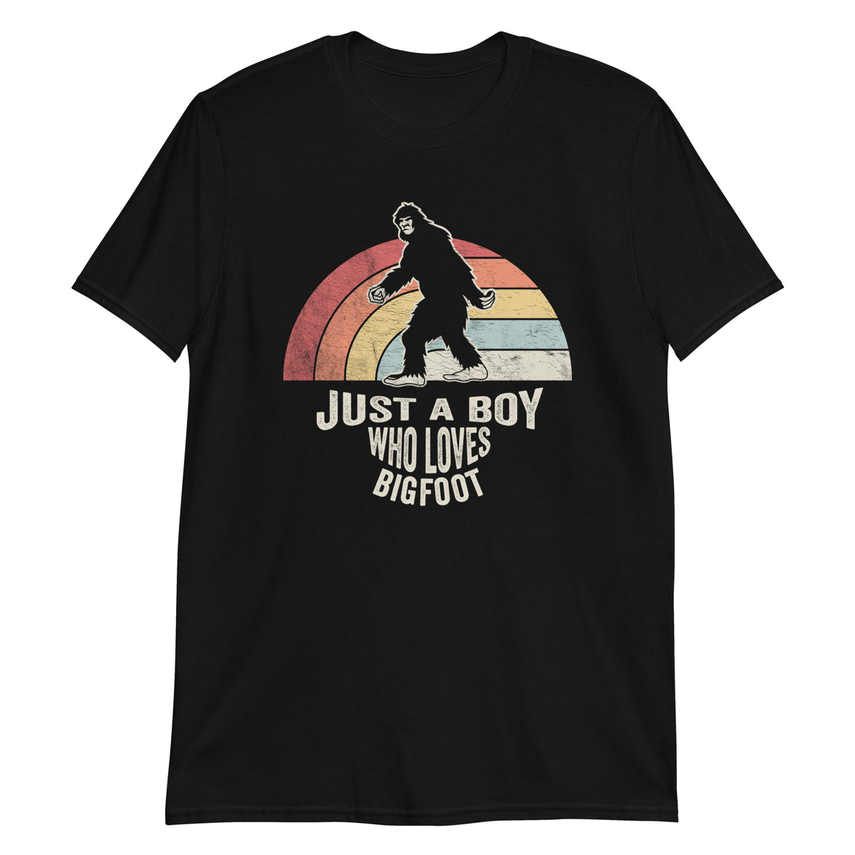 Just a Boy Who Loves Sasquatch Retro 80s Bigfoot Distressed T-Shirt